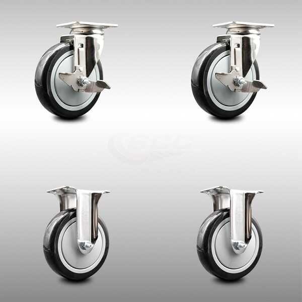Service Caster 5 Inch 316SS Black Polyurethane Swivel Top Plate Caster Brake 2 Rigid SCC, 2PK SCC-SS31620S514-PPUB-BLK-TLB-2-R-2 - main